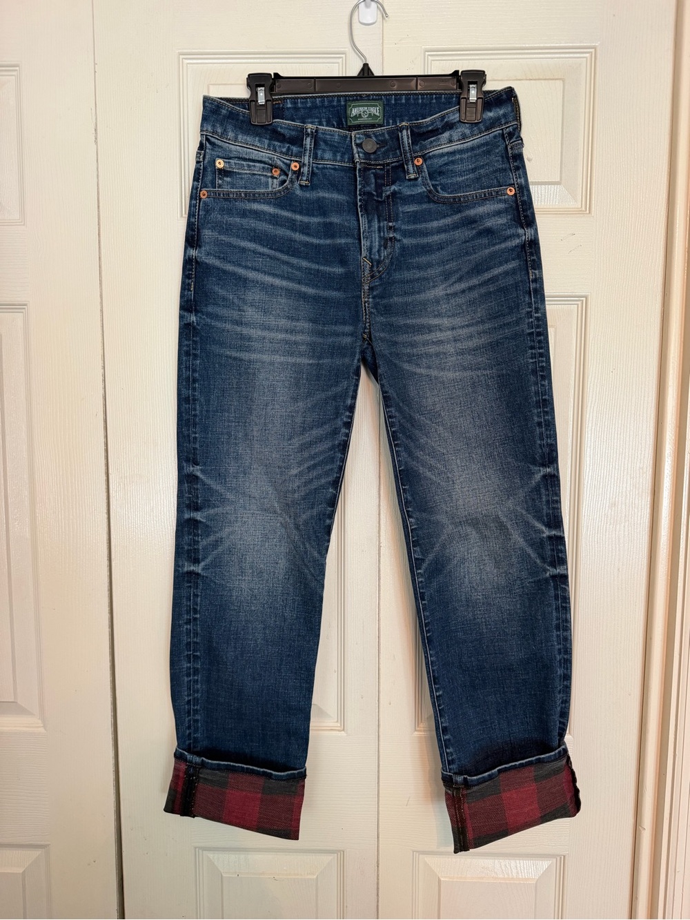31x32 American Eagle Outfitters Men's AirFlex Jeans Dark Blue w/ Plaid Interior